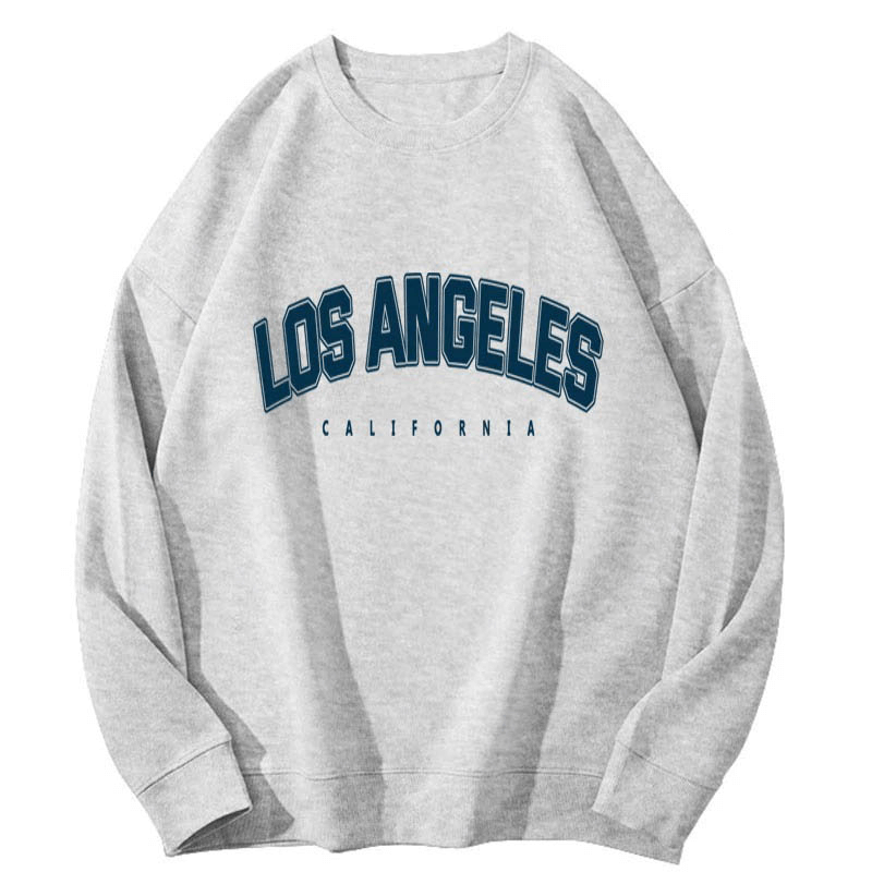 Stylish women's letter graphic print grey sweatshirt with 'Los Angeles California' text, full sleeve, and cozy warm fleece.